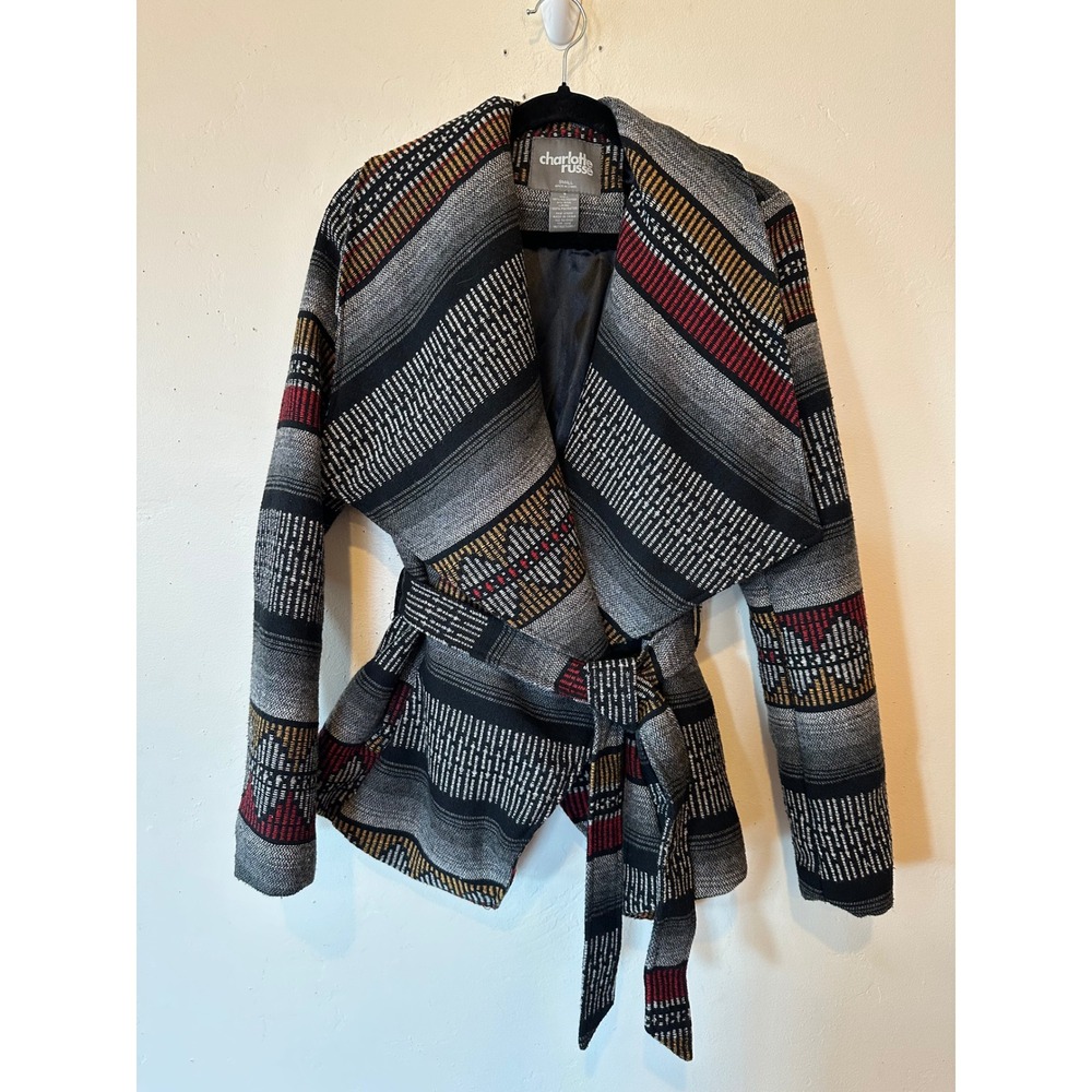 Charlotte Russe Wrap Coat Women Small Black Red Vintage Geometric Wool Blend